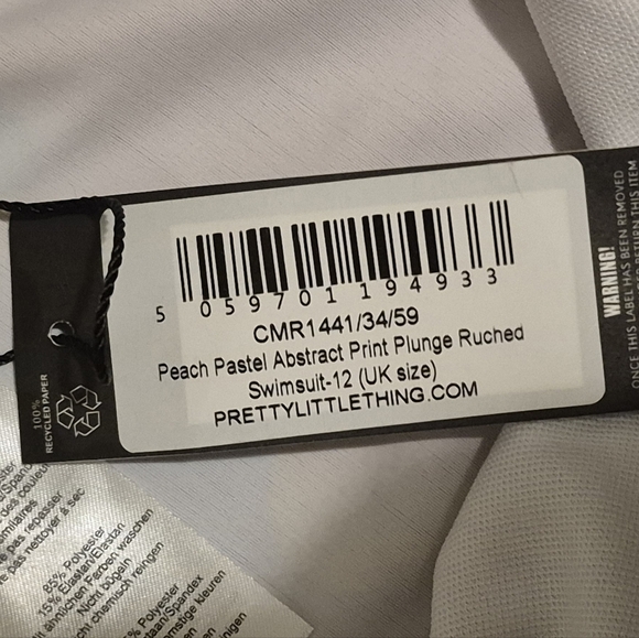 PrettyLittleThing Peach Pastel Abstract Print Plunge Ruched Swimsuit - Picture 6 of 7